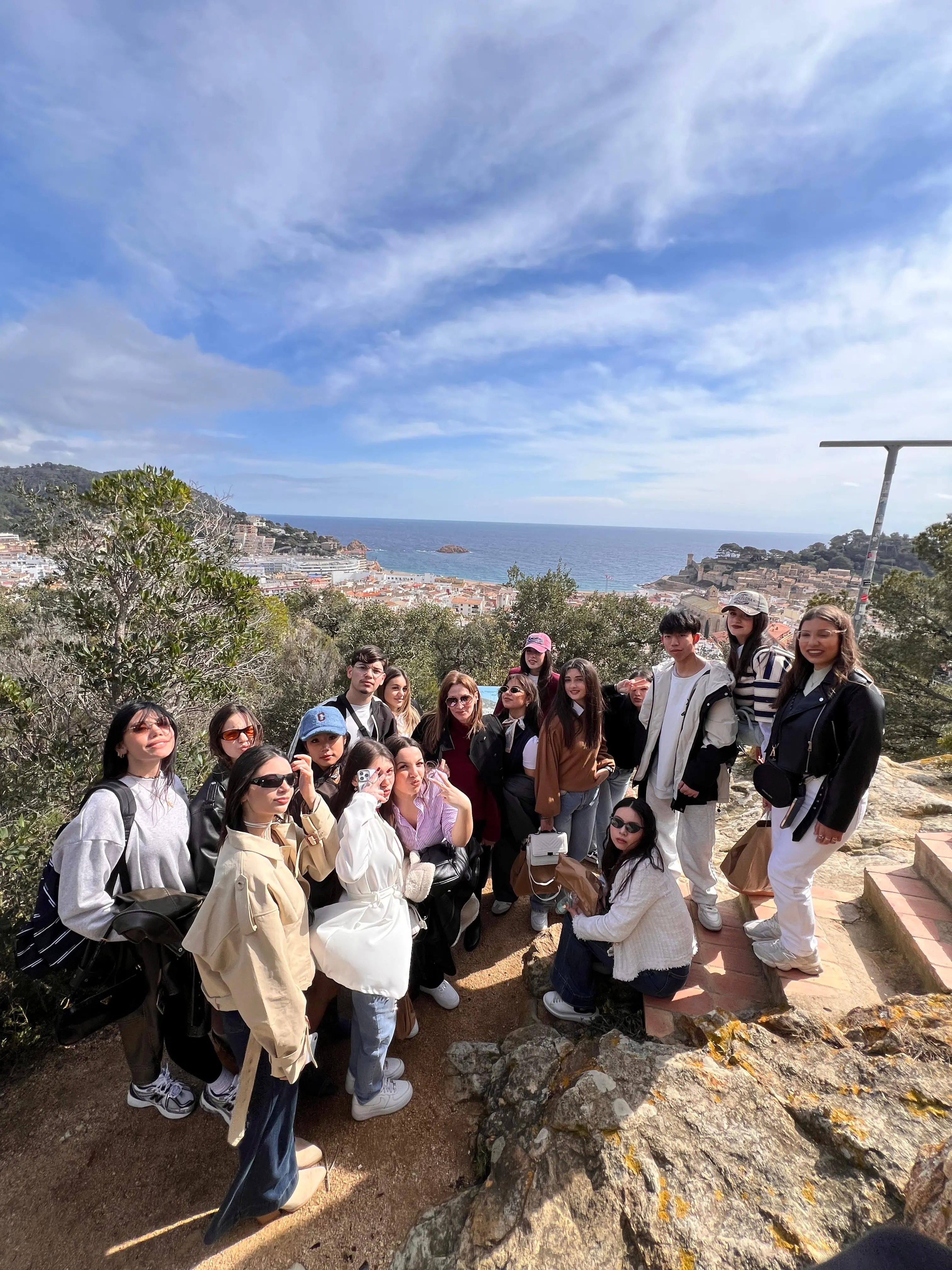 International student group at Tossa de Mar with Costa Brava panoramic view